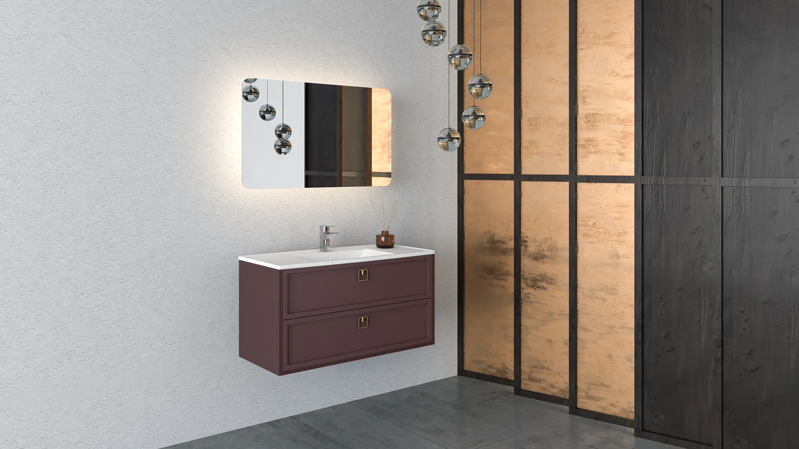 Cherry banyo mobilyasının renk ve yüzey varyantı